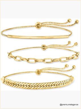 18kt Gold Over Sterling Silver Adjustable Bolo Bracelet Set of 3